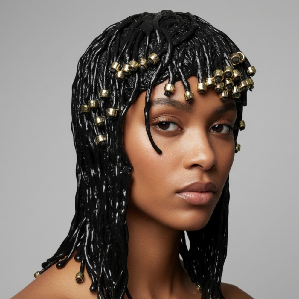 Black Braided And Beaded Hair Wig